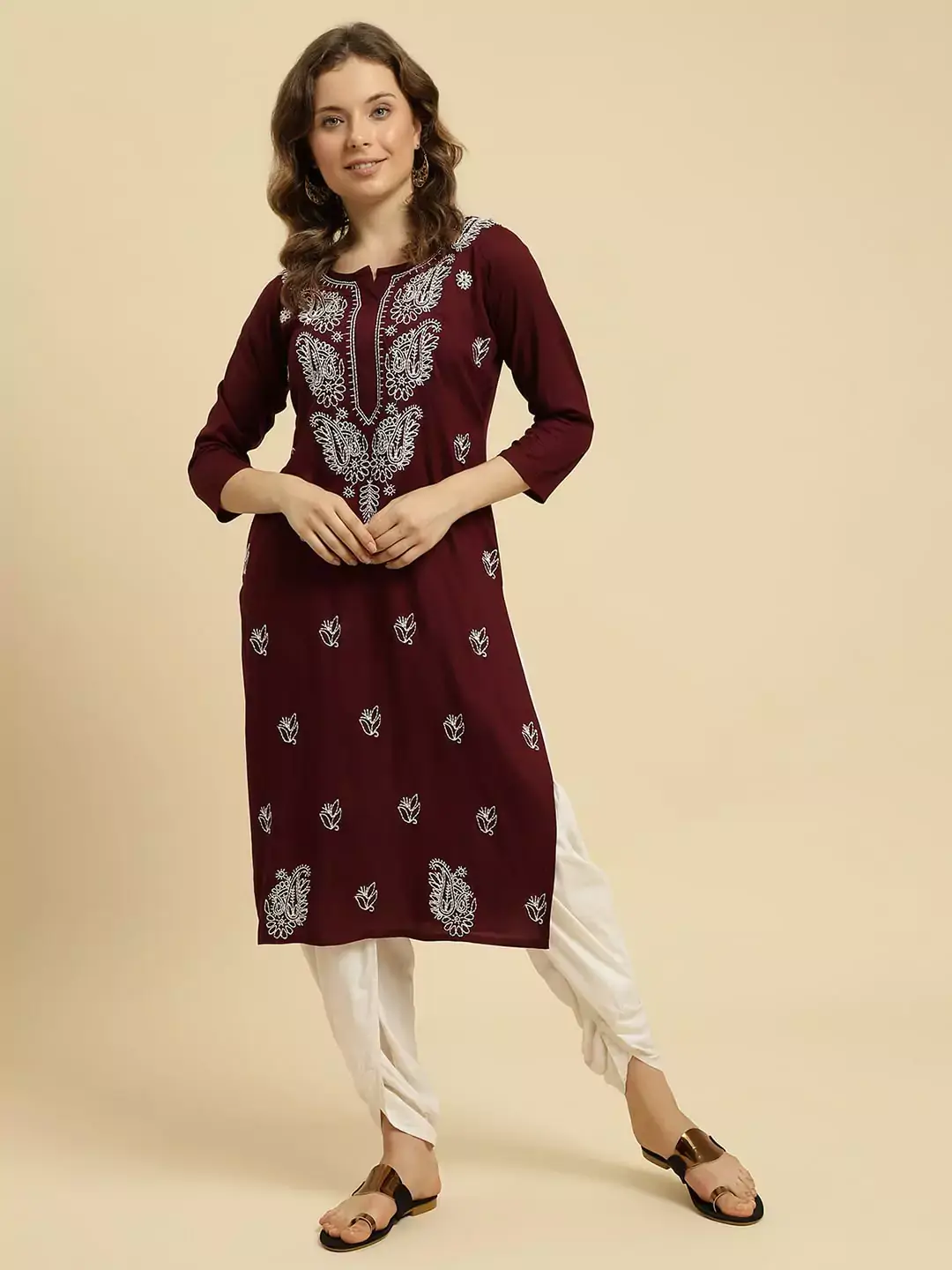 Wine Chikankari Kurti