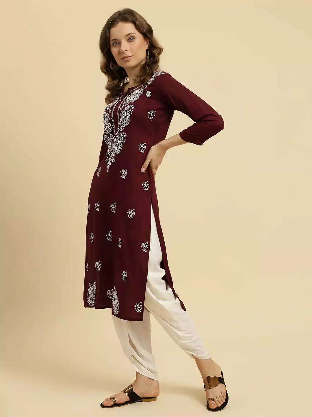 Wine Chikankari Kurti - Image 5