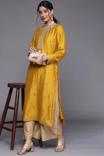 Yellow Embellished Silk Kurta